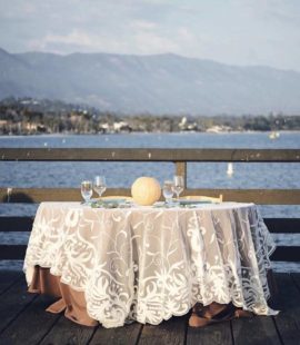 Decorated outdoor table for wedding by the ocean catered by Catering Connection.